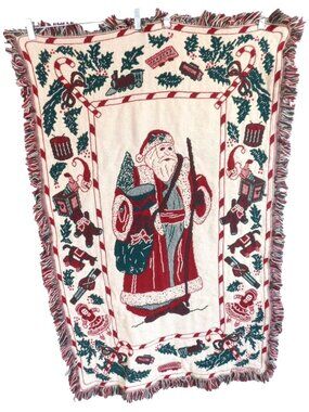 Vintage Santa Claus Woven Tapestry Throw Lap Blanket With Fringe 48"x30"
